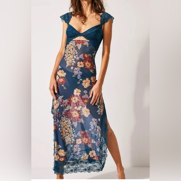 Free People  jade combo Floral Sheer Maxi Dress in Blue and Multicolor xs - Picture 1 of 10